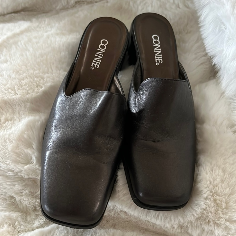 Leather upper slide on shoes by Connie